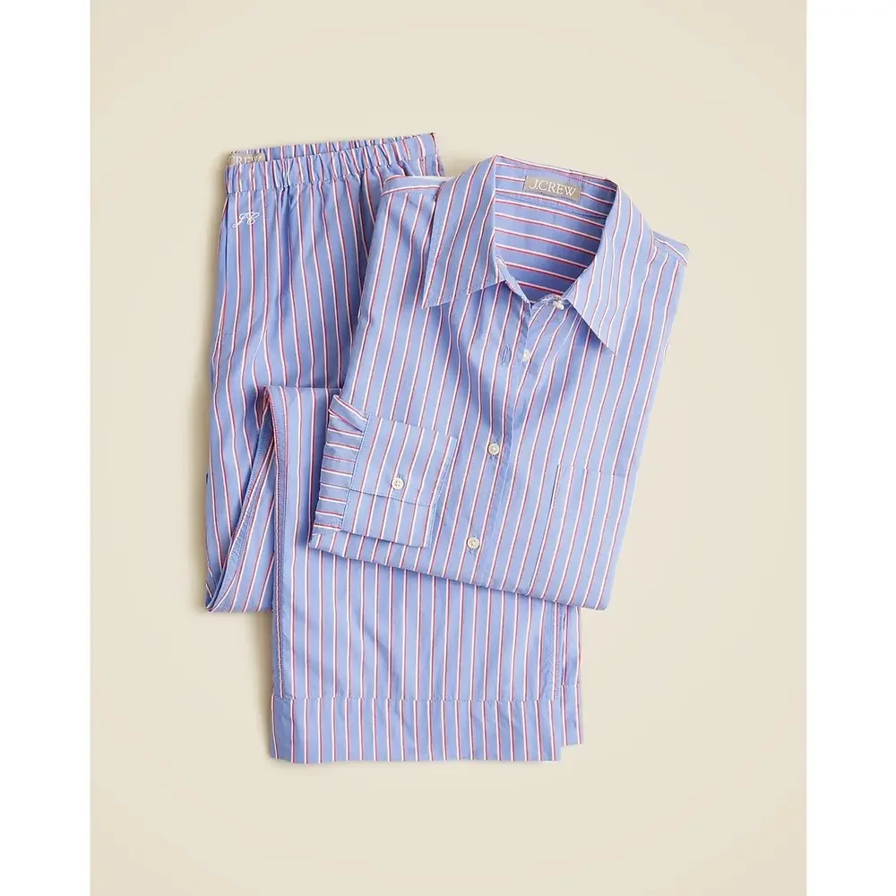 J.Crew Relaxed cotton poplin pajama pant set in stripe in Green - Picture 1 of 2